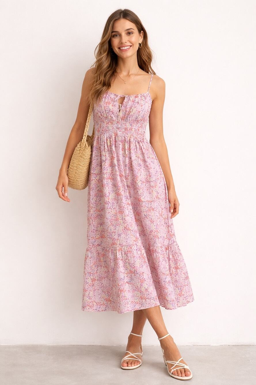 H&M Floral Smocked Midi Dress | Pink Cottagecore Sundress